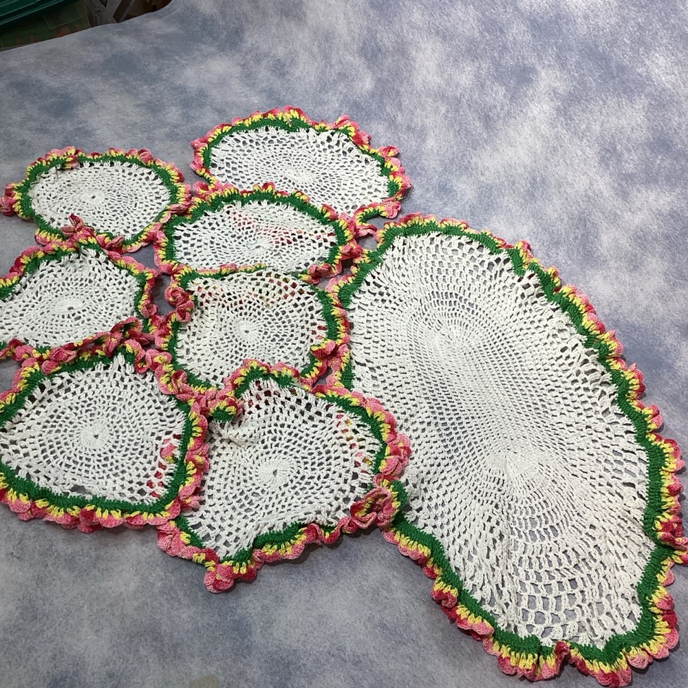 Lot of 8 Matching Vintage Doilies Crochet Embroidered Lace Colorful Floral BONUS